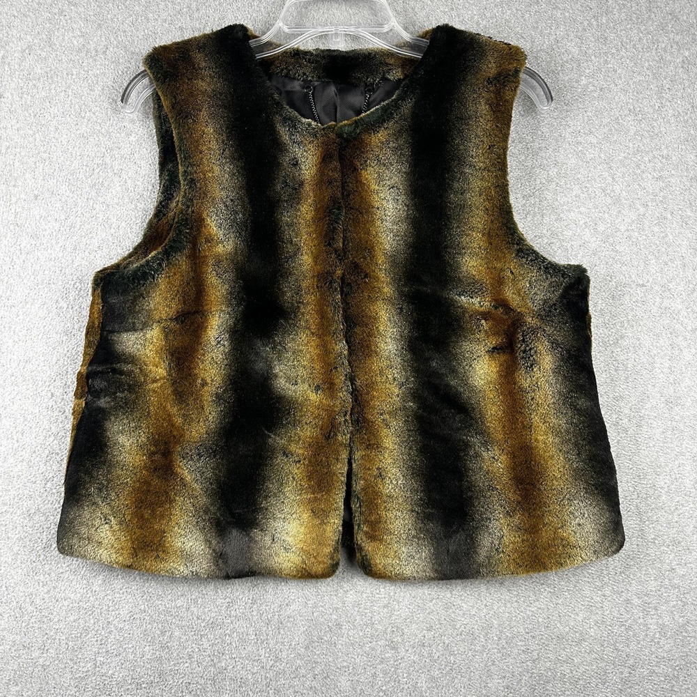 Trina Turk Faux Fur Vest Womens Size 10 Brown Black Sleeveless Outerwear Jacket